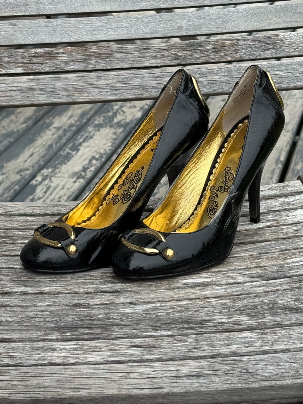 naughty monkey Black Patent Heels with Gold Interior
